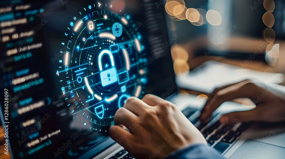Poster hands typing on a laptop displaying a futuristic cybersecurity interface with glowing elements