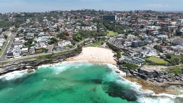 Tamarama Beach Sydney Coastline Cars Aerial Footage Australia 4k Summer Blue Sky