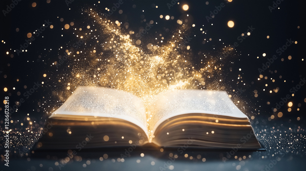 Poster unveiling knowledge: an open book radiates with glowing particles, evoking the boundless power of kn