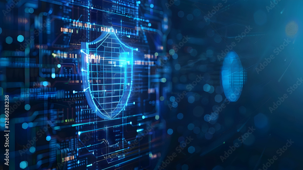 Poster digital shield symbolizing cybersecurity amidst a futuristic data network environment
