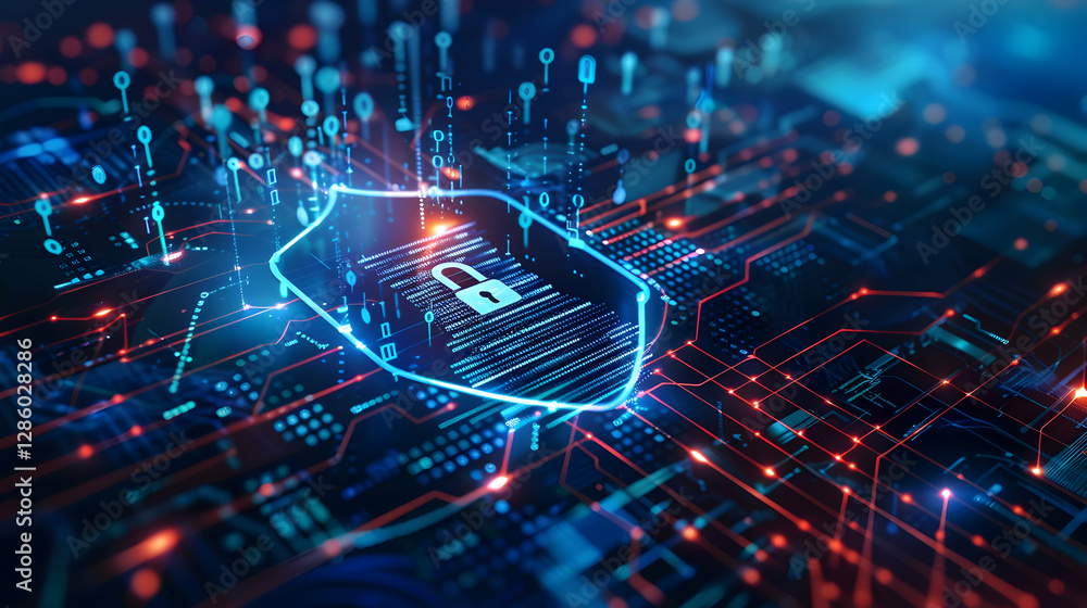 Poster digital security shield on a circuit board with data streams and glowing connections
