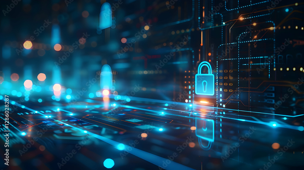 Poster futuristic digital security landscape with glowing locks and data streams in a cyber environment