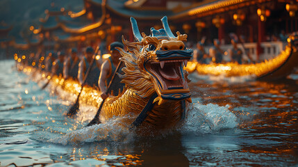 Dragon Boat Festival, Majestic Dragon Boat Racing Through the Water in a Festival, Ai Generated Images.
