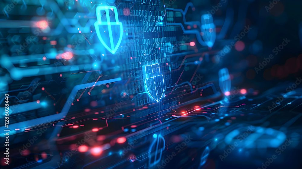 Poster futuristic digital security interface showcasing glowing shields and circuitry in a tech environment