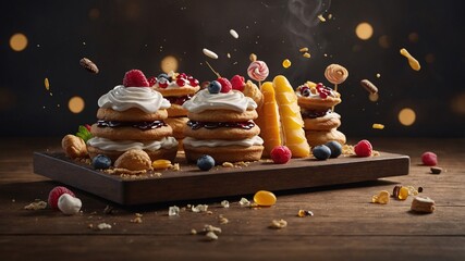 Fruit Cake and Pastries in a Christmas Theme with Sweet Cream