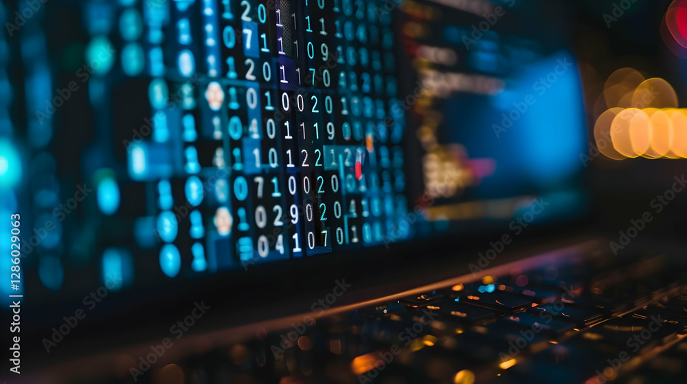 Poster close-up of a laptop keyboard with illuminated keys and binary code on the screen at night