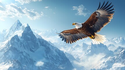 Obraz premium Majestic Eagle Soaring Over Snow Capped Mountain Peaks Under Serene Blue Sky