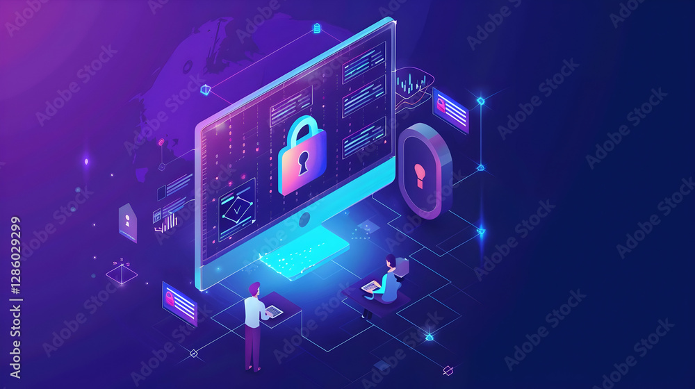 Poster digital security concept showcasing a computer with a lock symbol and data visualization