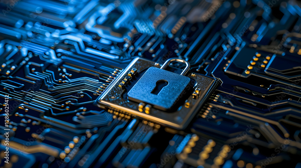 Poster secure digital lock on a circuit board representing cybersecurity and technology advancements