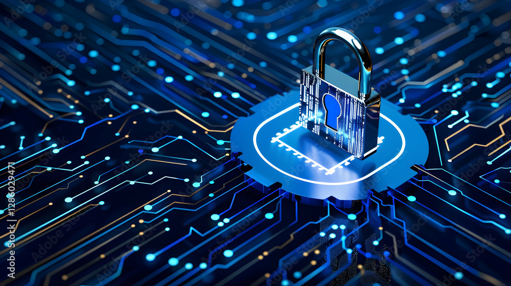 Poster digital padlock on a circuit board background symbolizing cybersecurity and data protection
