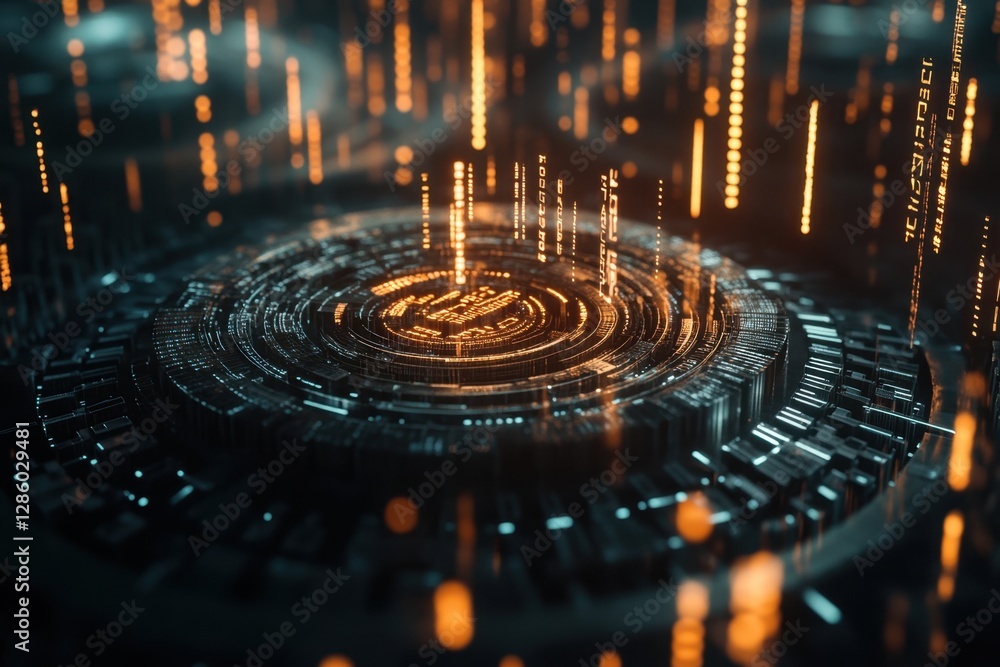 Poster enigmatic digital landscape with glowing elements and intricate patterns emerging from a central cor