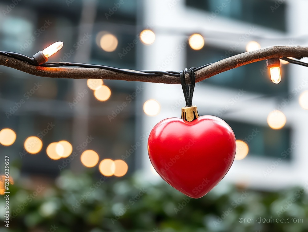 Aufkleber hanging red heart ornament on tree branch with glowing festive bokeh lights in background creating w