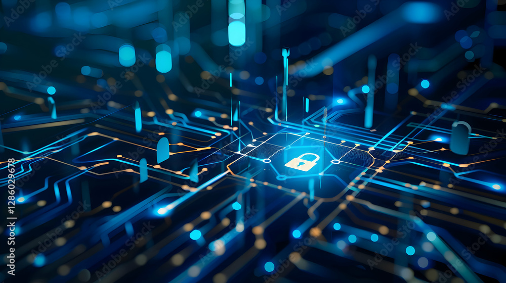 Poster abstract representation of digital security with glowing circuitry and padlock symbolizing protectio