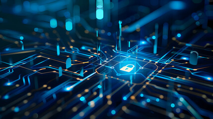 Fototapeta premium Abstract representation of digital security with glowing circuitry and padlock symbolizing protection