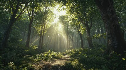 Obraz premium Sunbeams Illuminating a Mystical Forest Path