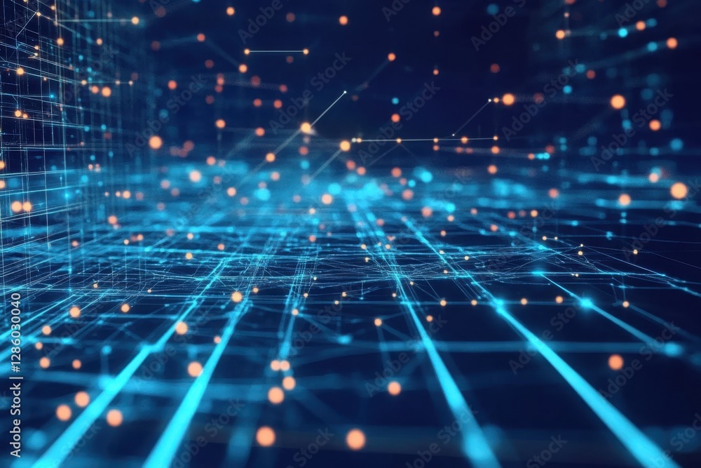 Poster exploring the depths of a digital universe with glowing particles and intricate connections. generat
