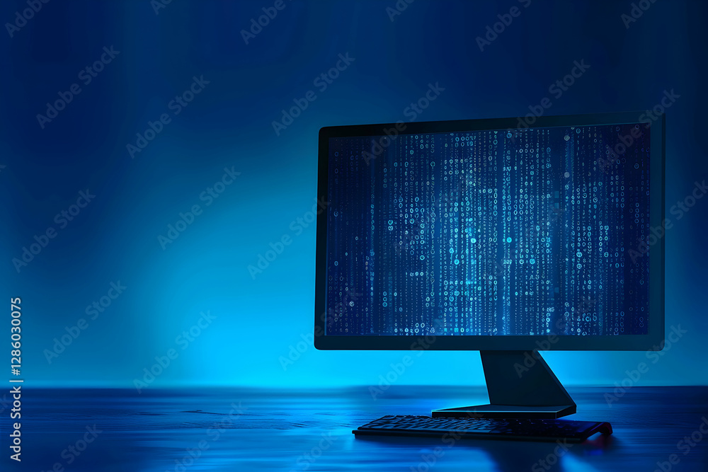 Poster computer monitor displaying digital data streams in a blue-lit environment, symbolizing technology