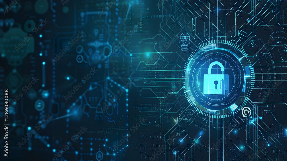 Poster digital lock symbolizing cybersecurity on a high-tech background with data connections