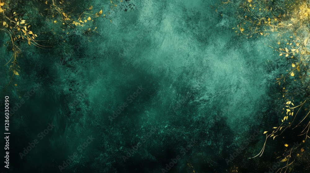 Wall mural an abstract medieval forest glowing golden highlights swirling mist deep emerald greens enchanted pa
