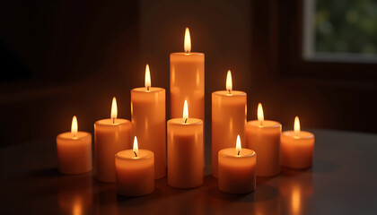 a composition of candles burning in a dark room, emitting warm light and symbolizing hope in the midst of despair and the eternal glow of memory
