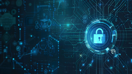 Digital lock symbolizing cybersecurity on a high-tech background with data connections