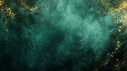 An abstract medieval forest glowing golden highlights swirling mist deep emerald greens enchanted patterns, soft textures flowing shapes whimsical dreamy negative space mystical minimal cottagecore