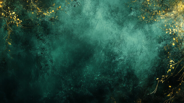 An abstract medieval forest glowing golden highlights swirling mist deep emerald greens enchanted patterns, soft textures flowing shapes whimsical dreamy negative space mystical minimal cottagecore