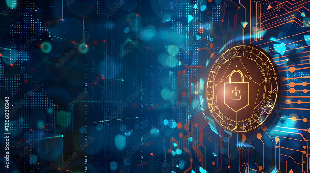 Poster digital security concept featuring a lock symbol on a futuristic background of circuits and data