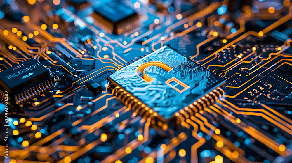 Poster close-up view of a computer circuit board with intricate patterns and glowing components