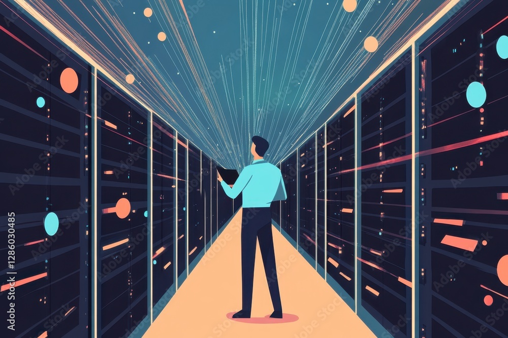 Poster exploring the digital realm in a futuristic data center filled with vibrant lights and dynamic infor