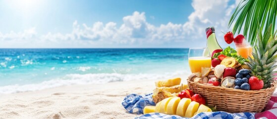 Vibrant Tropical Fruit Basket on Sandy Beach with Clear Blue Ocean
