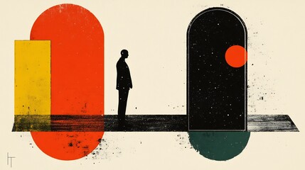 Silhouette contemplates choices bold geometric shapes stark contrasting colors somber mood. AI Generated