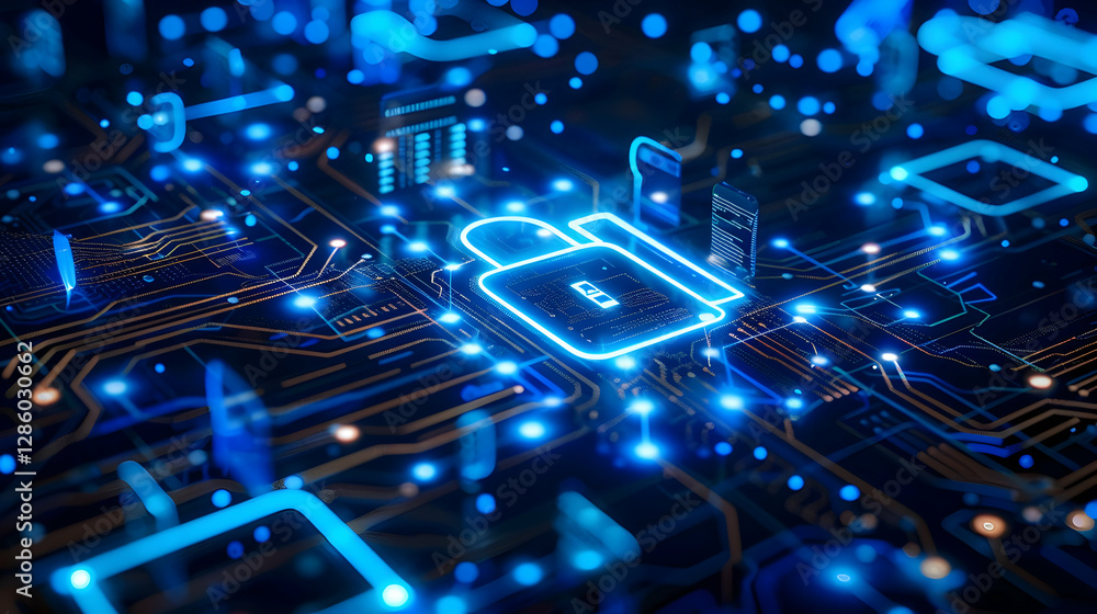 Poster abstract digital lock symbolizing cybersecurity amidst glowing circuit patterns and technology