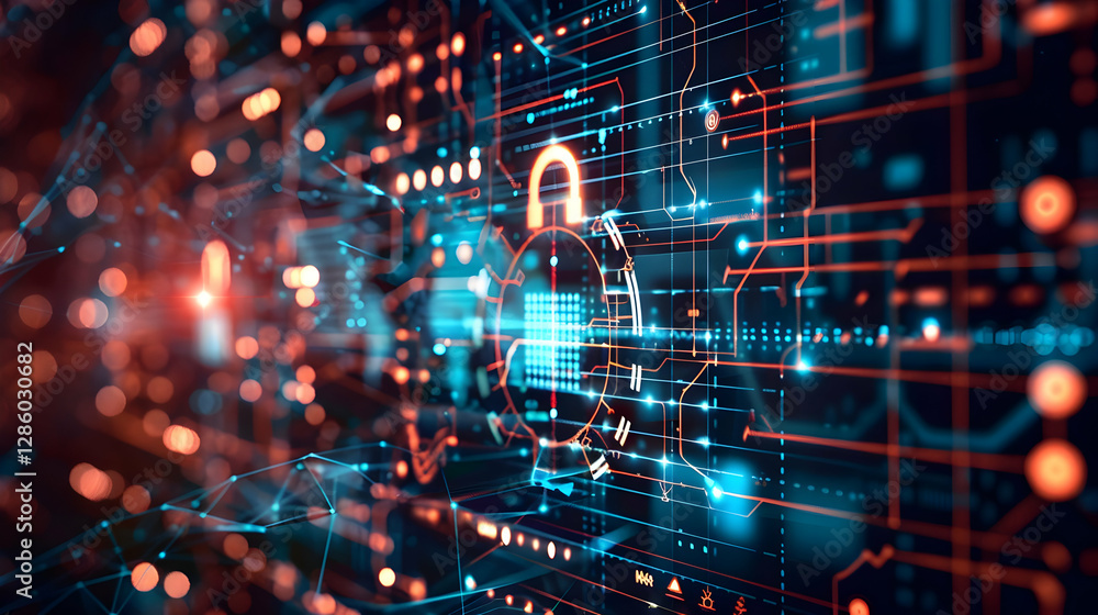 Poster abstract digital background depicting cybersecurity with a padlock and glowing data streams