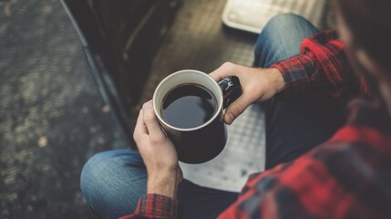A young man sitting on the side of his motorhome, pouring a cup of coffee with a serene outdoor view, enjoying the peaceful moment in the wilderness, perfect for road trip and camping themes