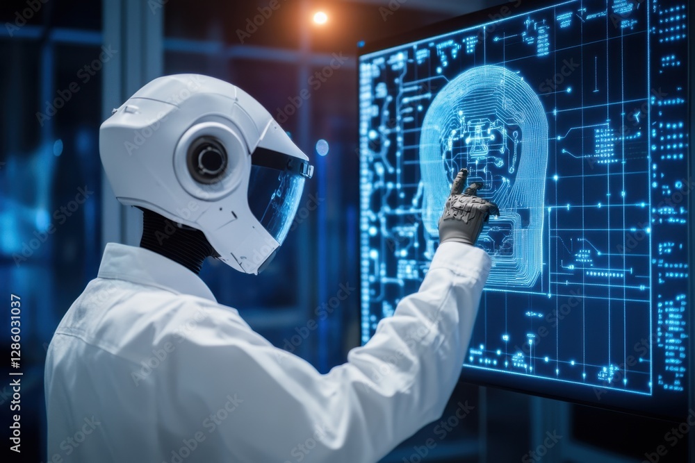 Poster innovative robotic interaction at a futuristic control center highlighting technological advancement