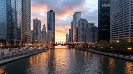 Sunrise cityscape, river reflection, urban dawn