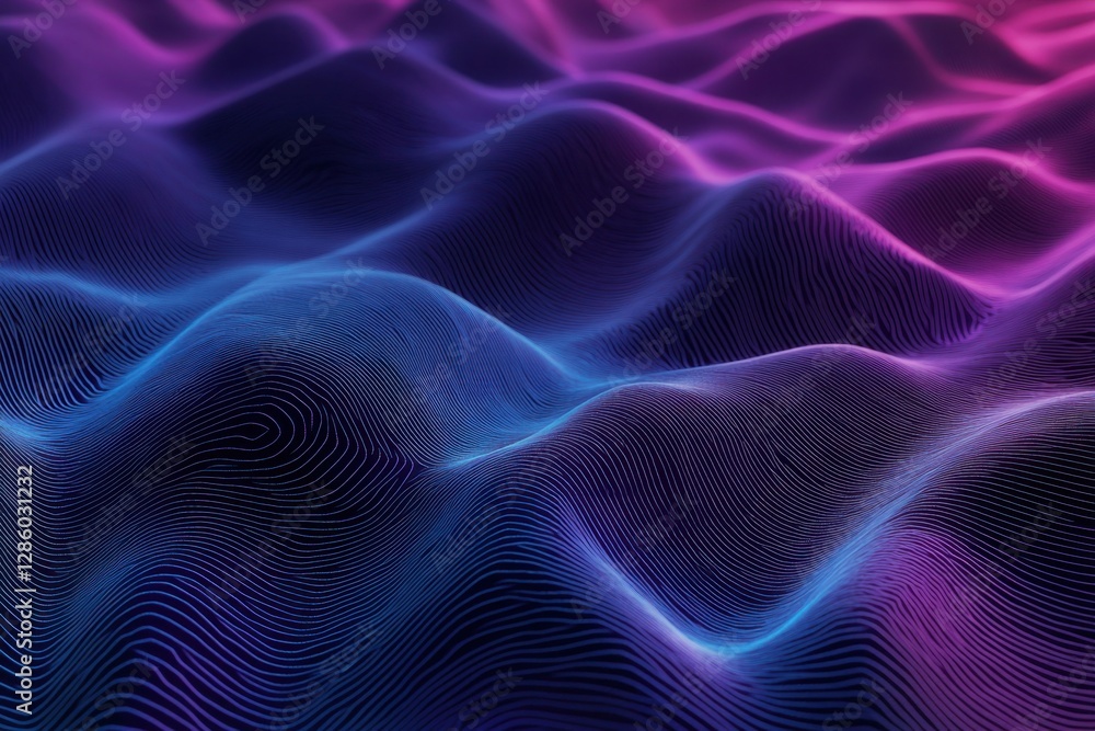 Poster vibrant undulating waves of color create a mesmerizing landscape in a digital realm at twilight. gen