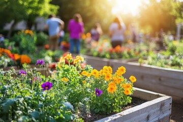 vibrant community garden scene with raised beds diverse group tending colorful flowers and vegetables warm afternoon light