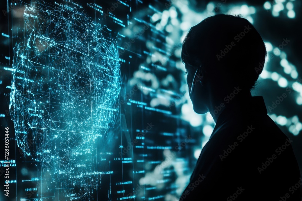 Poster exploring the digital cosmos of artificial intelligence and neural networks in a futuristic workspac