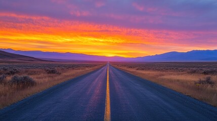 Naklejka premium A serene and breathtaking view of a long road stretching into the horizon during a vibrant sunset in a tranquil landscape