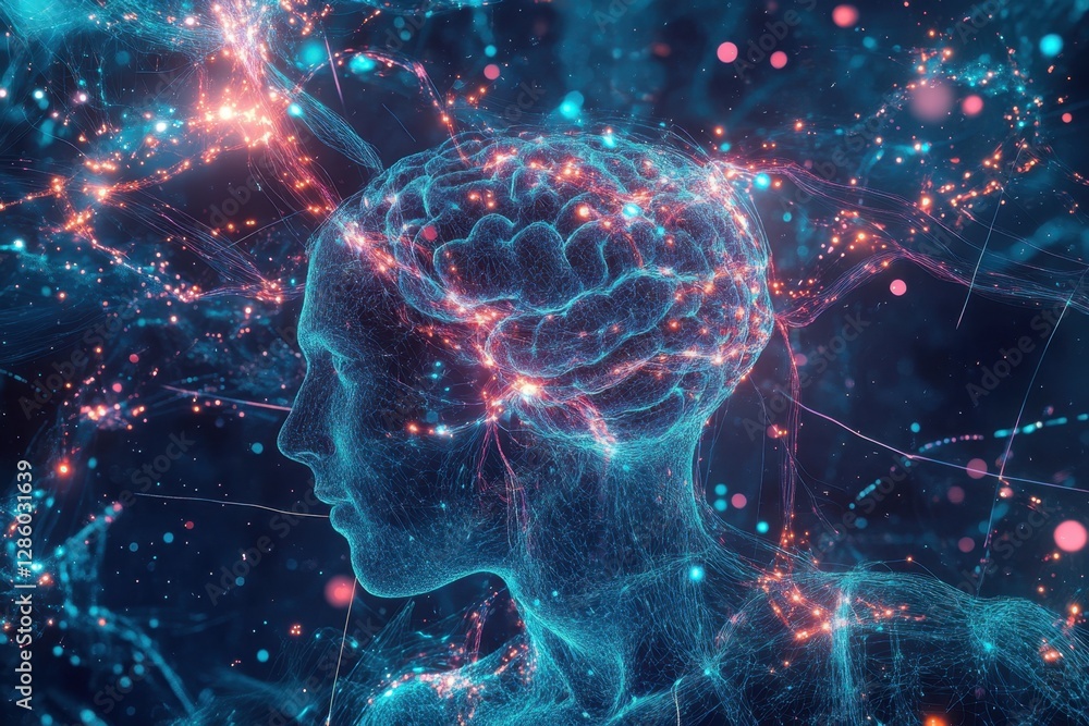 Aufkleber exploring the intricate connections within the human brain amid a vibrant digital universe of color 