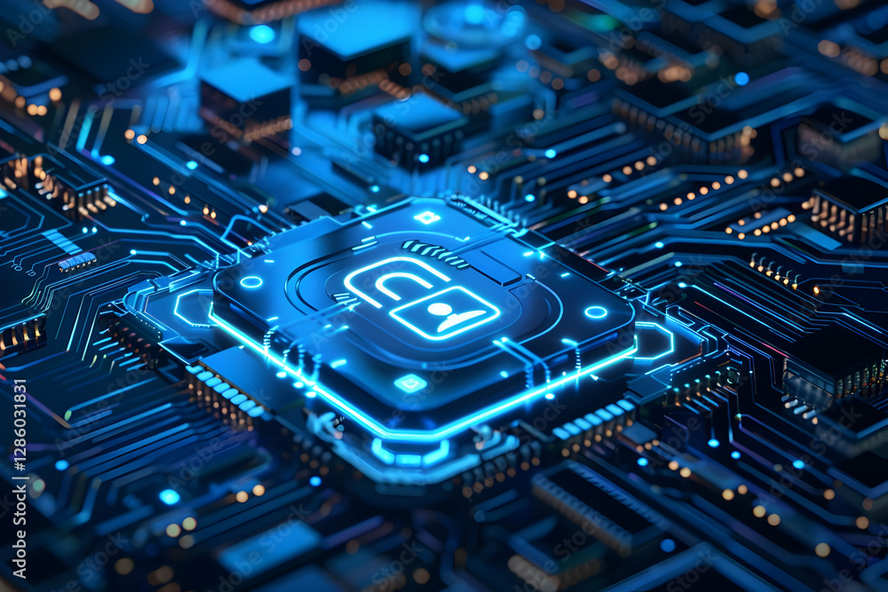 Poster close-up view of a glowing microchip on a circuit board with intricate connections and lights