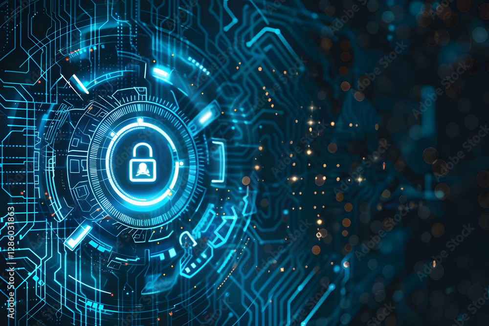 Poster futuristic digital lock symbolizing cybersecurity in a high-tech environment with glowing circuits