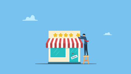 Small business owner, entrepreneur put a star. 5 Stars review, customer feedback evaluation, best quality or satisfaction, opinion, best rating reputation or online positive review concept.