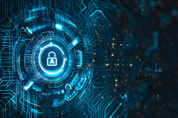 Obraz premium Futuristic digital lock symbolizing cybersecurity in a high-tech environment with glowing circuits