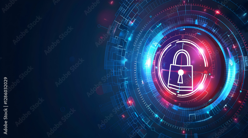 Poster abstract digital illustration of a secure lock symbolizing cybersecurity in a high-tech environment