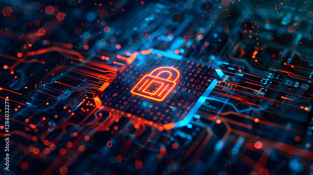 Poster digital lock symbolizing cybersecurity on a circuit board with glowing data streams