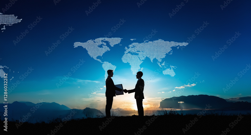 Poster silhouetted figures shake hands against a world map and a vibrant sky, representing global collabora