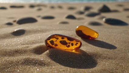 Naklejka premium Beautiful pieces of amber on the sandy beach, amber background, close up